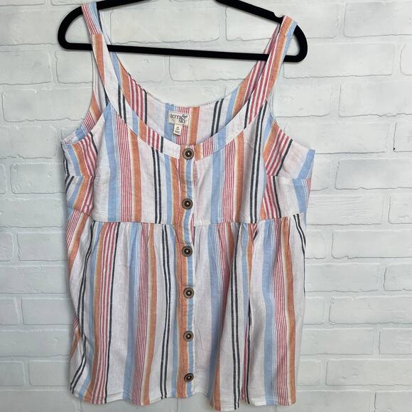 Terra & Sky White Linen Blend Striped Peplum Waist Sleeveless Top Blouse -14 W - Picture 1 of 5